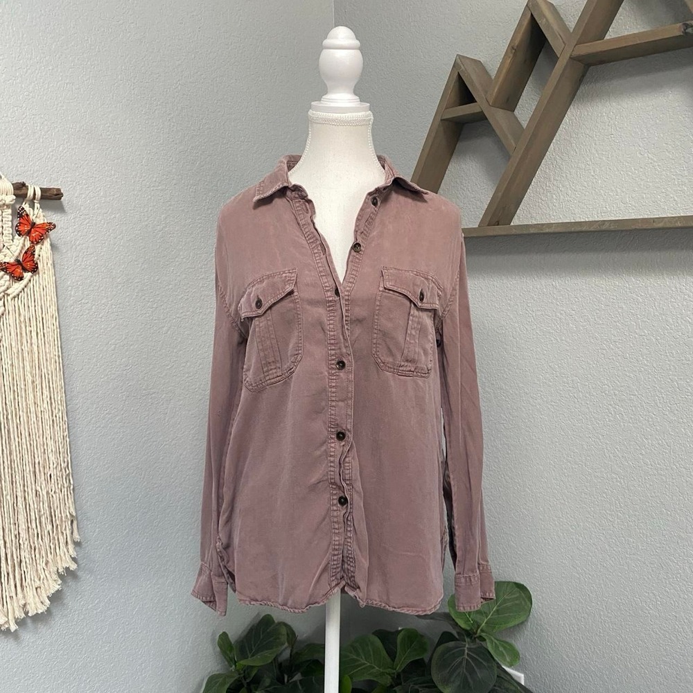 AMERICAN EAGLE DUST ROSE PINK PURPLE BUTTON UP SHIRT LONG SLEEVE COLLARED